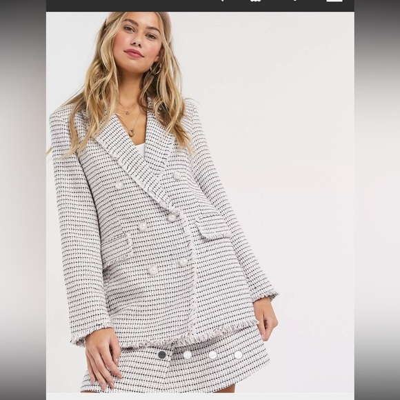 ASOS Miss Selfridge Tweed Blazer & Skirt Co-Ord Set pink black & silver size 6 - Picture 2 of 15